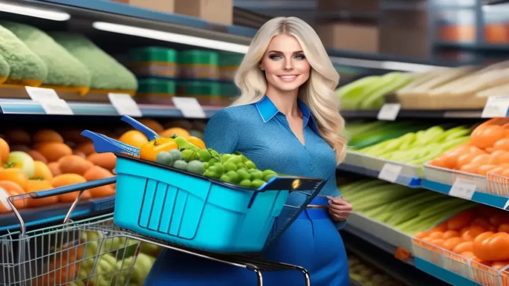 donna bionda vestita di blu con il carrello della spesa al supermercato e sullo sfondo grilli e insetti