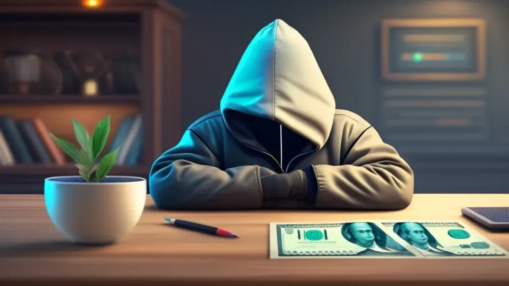 giovane hacker incappucciato con denaro contante sopra il tavolo