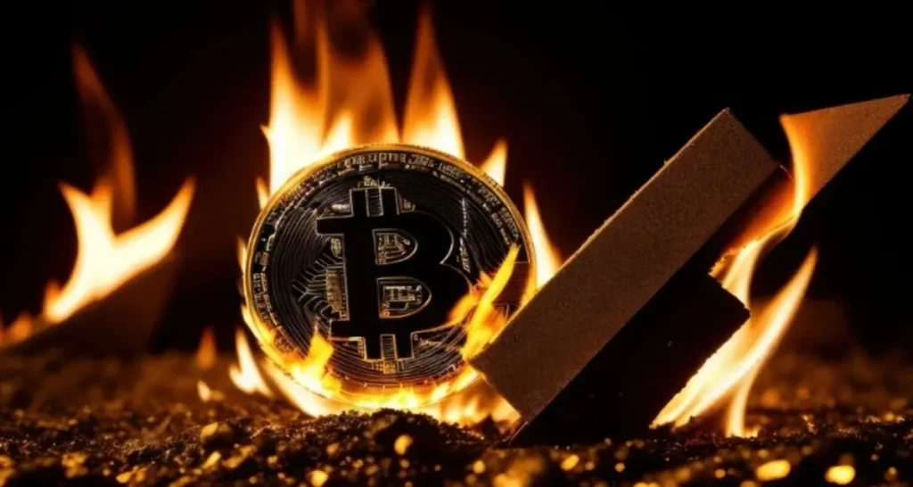 la moneta metallica bitcoin brucia con la fiamma. prezzo o valore elevato e tasso di cambio elevato della criptovaluta sul mercato. sol